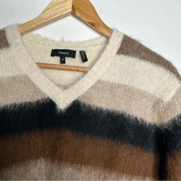 THEORY Striped Alpaca Wool V-Neck Sweater Size Medium - Picture 4 of 11